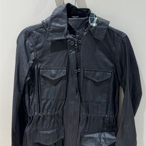 Madewell Black Rain Utility Jacket with Plaid Trim